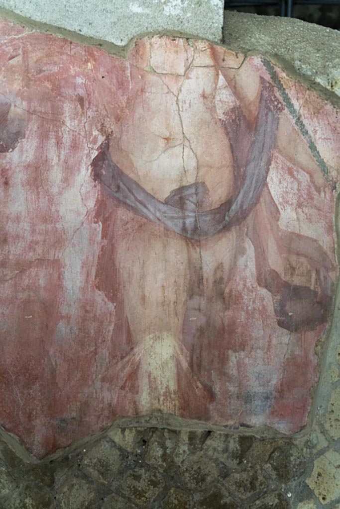 Herculaneum Villa dei Papiri. October 2023.
Triclinium, room (i), detail of figure on north wall. Photo courtesy of Johannes Eber.
